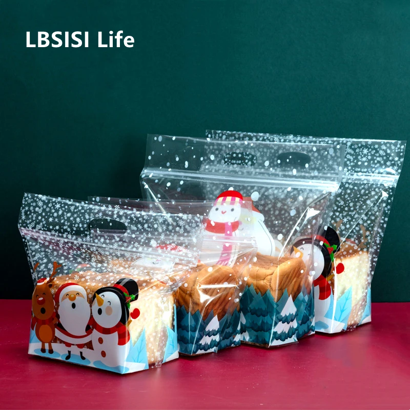 LBSISI Life 50pcs Christmas Transparent Toast Bread Packaging Handle Bgas New Year Party Handmade Cookies Gift Decoration