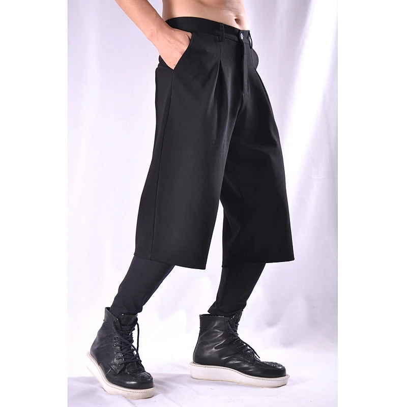 

Men's False Two Casual Pants Autumn And Winter New Pure Color Fashion Nine Minutes Pants Loose Splicing Vertical Leg Pants