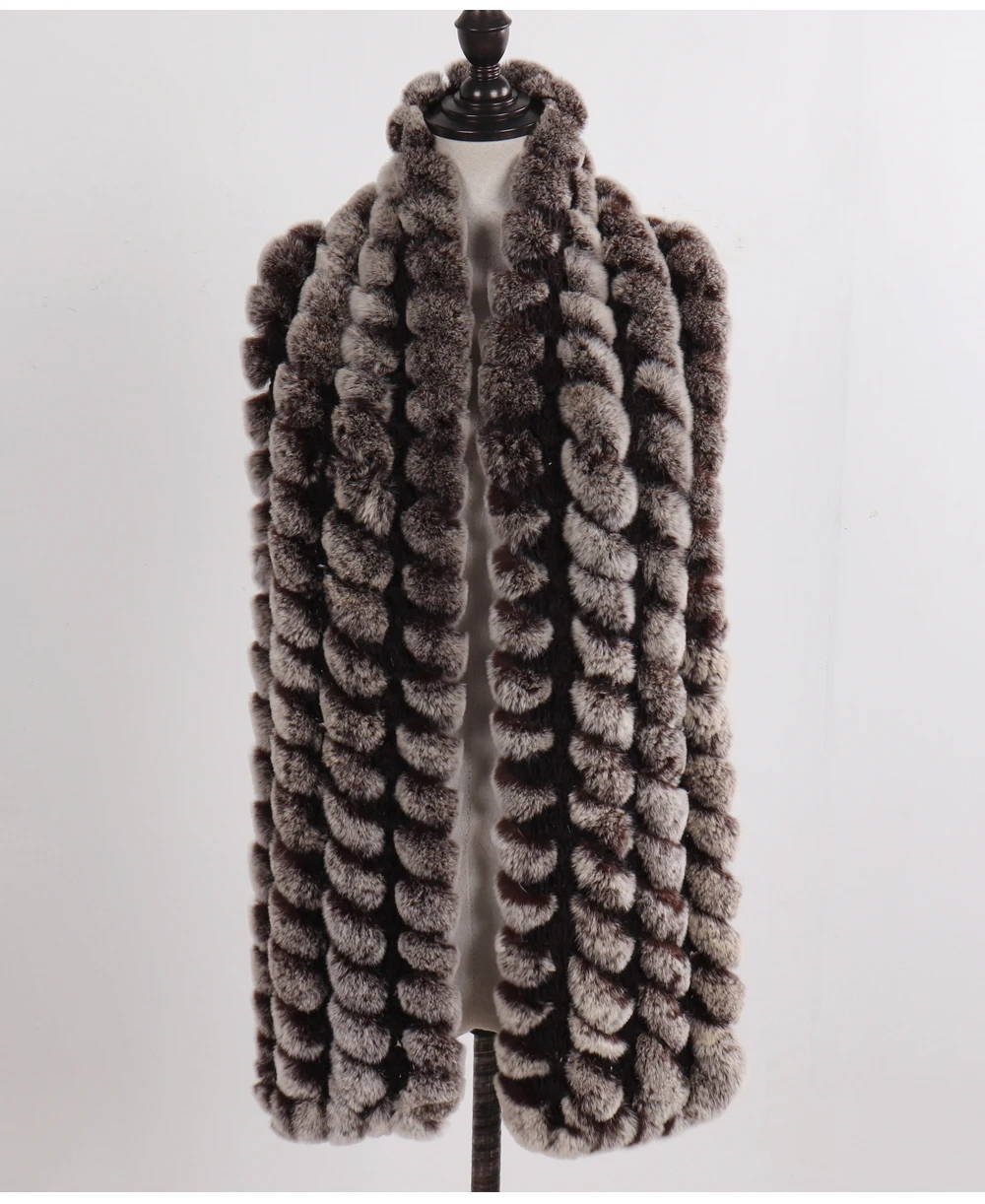 Neue Marke Gestrickter Modischer Damen Echt Rex Kaninchenfell Schal Frauen Winter Warmer Natürlicher Pelzschal Langer Stil Echter Pelz Halswärmer – Detail 7