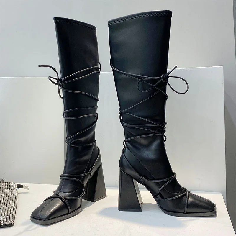 Ins Hot Sequare Toe Cross Strap Bandage Knee High Boots Woman Chunky Heel Street Fashion Boots Autumn Winter Knight Boots