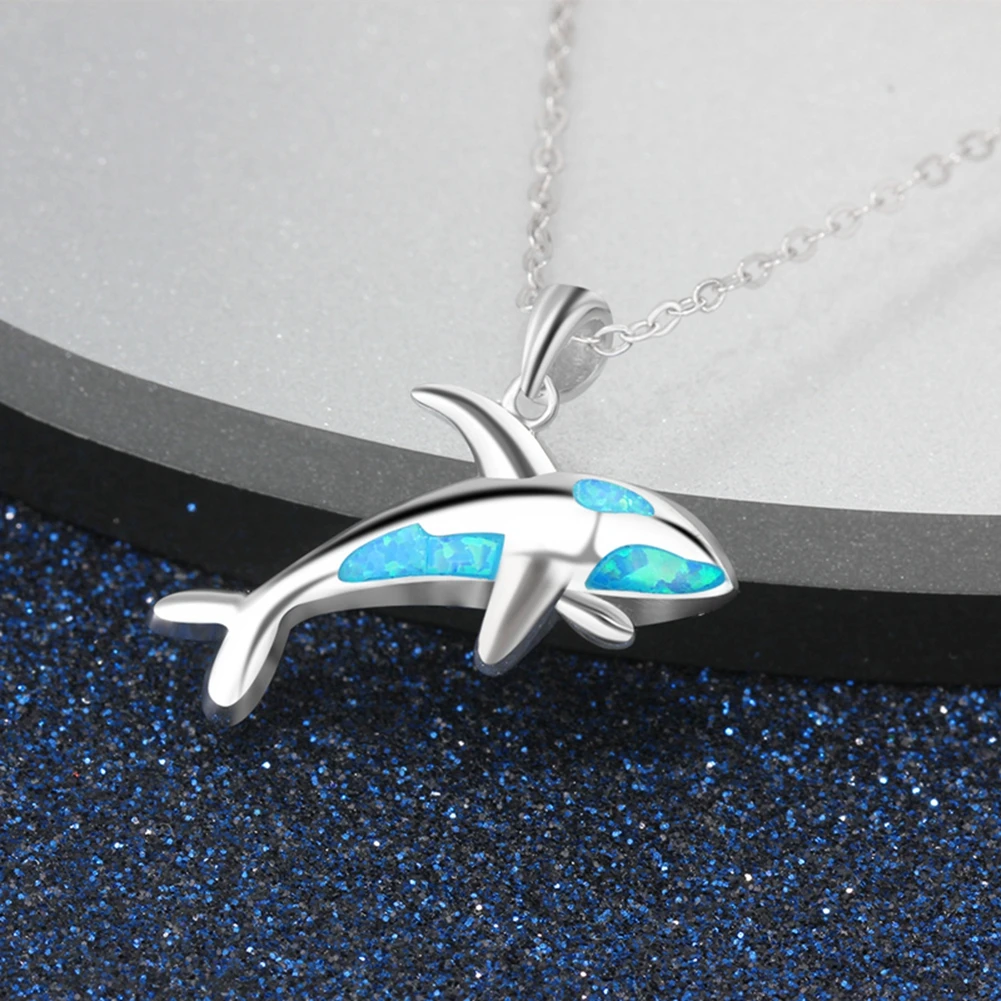 Fashion Necklace Pure 925 Sterling Silver Blue Opal Little Whale Pendant Necklaces For Women Anniversary Jewelry Accessories