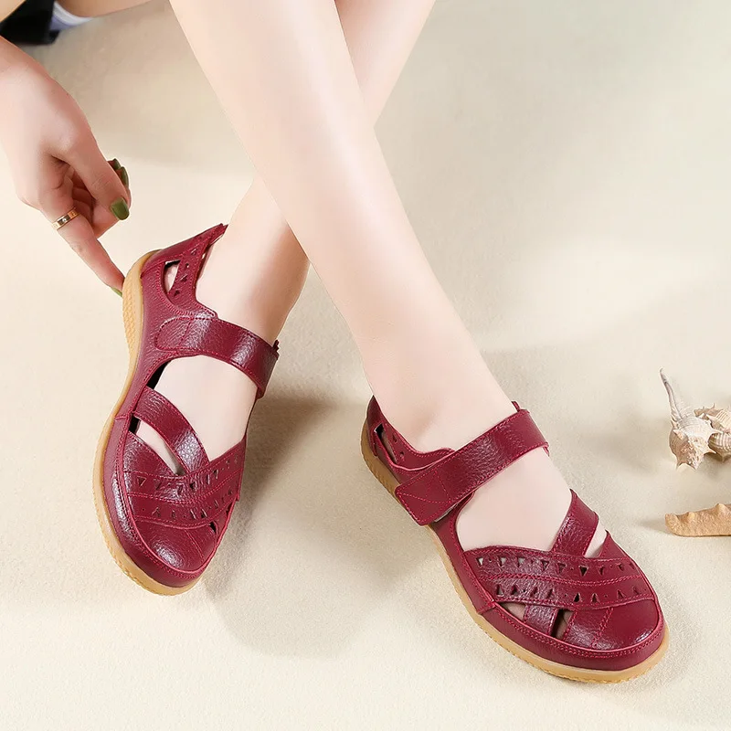 WOIZGIC Female Women Mother Genuine Leather Hollow White Shoes Sandals Flats Loafers Summer Cool Beach Plus Size 41 42