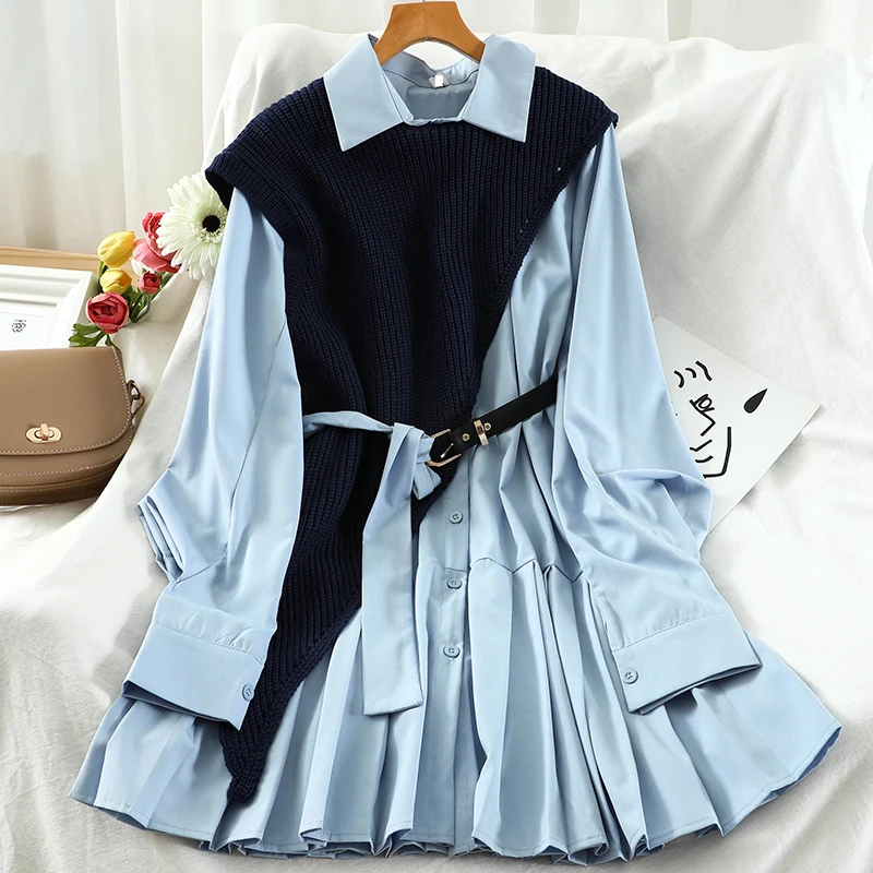 Two 2 Piece Set shirt Dress For Women Streetwear Pleated Midi Dress Irregular Knitted Vest Long sleeve Shirts 2023 Spring Autumn