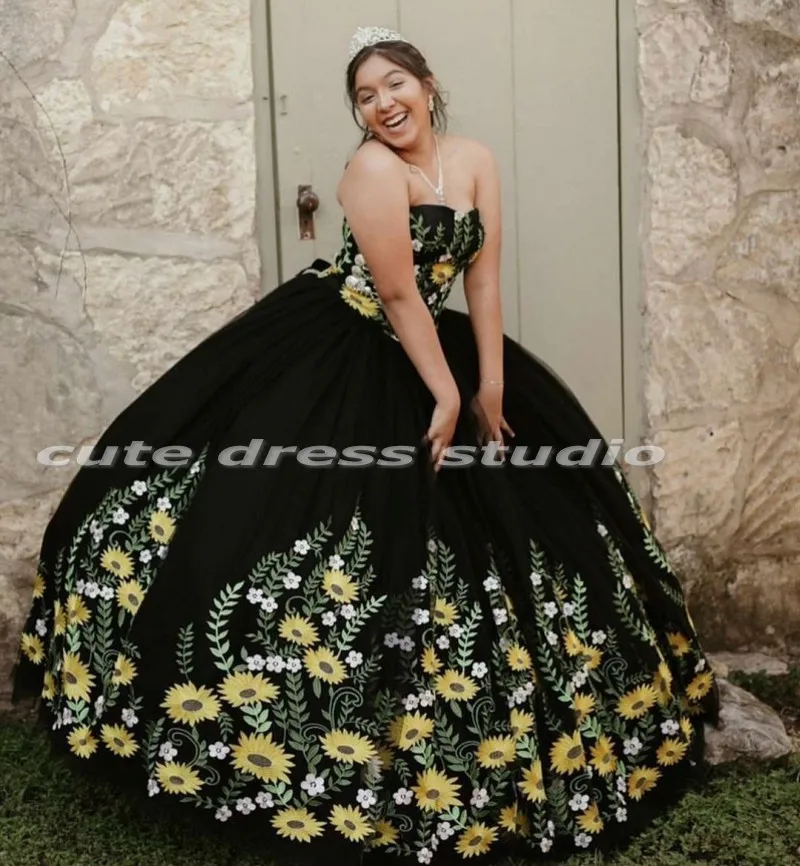 Charro Vestidos De XV Años Quinceanera Dresses Floral Embroidery Sweetheart Black Mexican Girls Birthday Sweet 15 Gowns