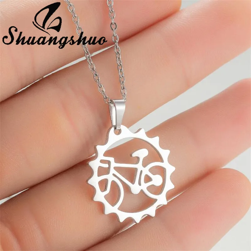 Shuangshuo colar de personalidade da moda, colar oco de aço inoxidável de corrente longa para bicicleta, pingente de joia da moda para homens e mulheres