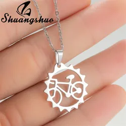 Shuangshuo Fashion Personality Stainless Steel Hollow Bike Necklace Women Men Long Chain Figure Bicycle Pendant Jewelry Trendy