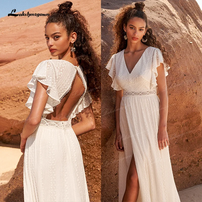 Vestido de novia de chifón con manga abombada para verano, traje de boda con abertura lateral, estilo bohemio, talla grande, 2021