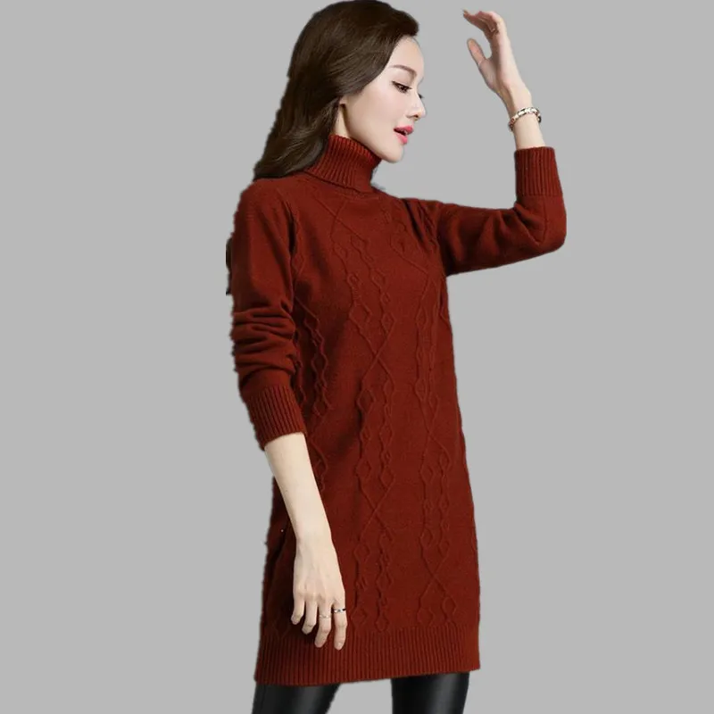 Zimowy damski golf sweter pulower nowy jednolity długi rękaw średniej długości ciepły dzianinowy sweter damski odzież topy AH10