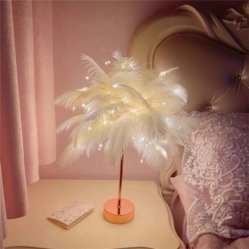 Bedroom Fairy light Feather Table Lamp DIY Creative Warm Light Tree Feather Lampshade Wedding Decor Home Bedroom Decor Christmas