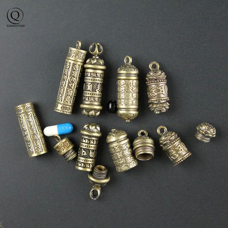 Brass Buddha GuanYin Sutra Cylinder Pendant Keychain Hanging Necklace Jewelry Pill Box Medicine Case Container Bottle Keychains