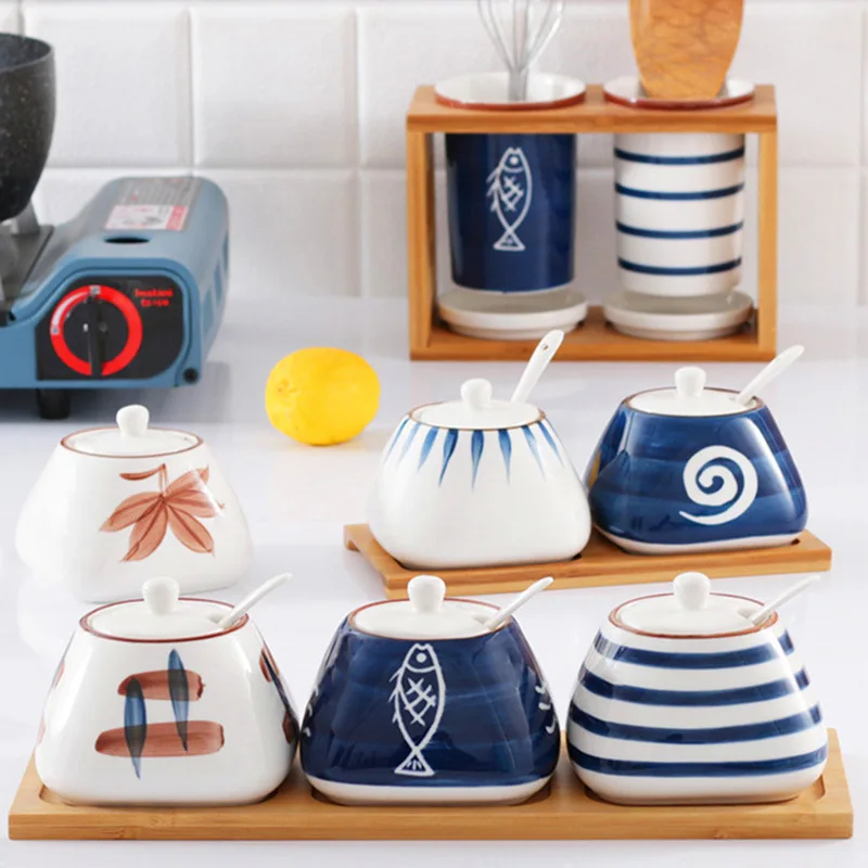 Creative Ceramic Set Seasoning Jar Chili Oil Seasoning Box Sugar Bowl Kitchen Supplies Japanese-style Condiment Jar