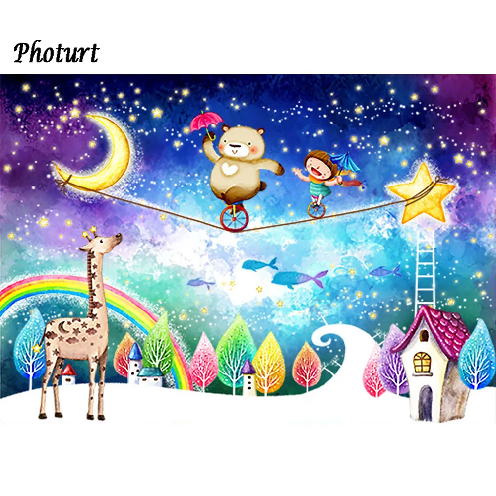 PHOTURT Fantasy Fairy Tale World Photography Background Kids Birthday Backdrop Bear Moon Rainbow Banner Blue Sky Photo Props