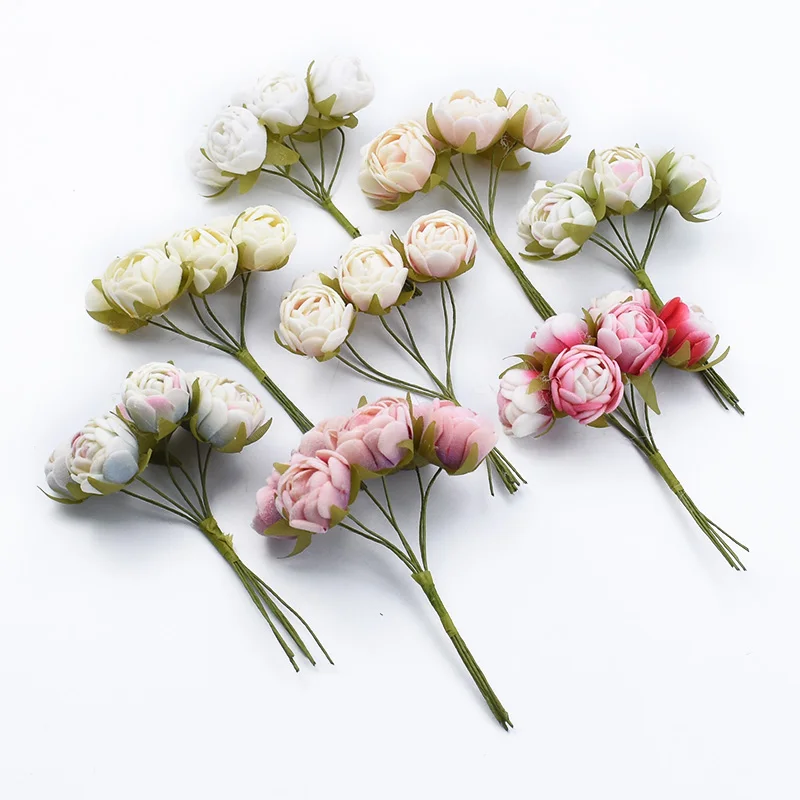 6pcs MINI Tea Roses Bouquet Diy Gifts Candy Box Home Decoration Accessories Wedding Decorative Wreaths Artificial Flowers Cheap