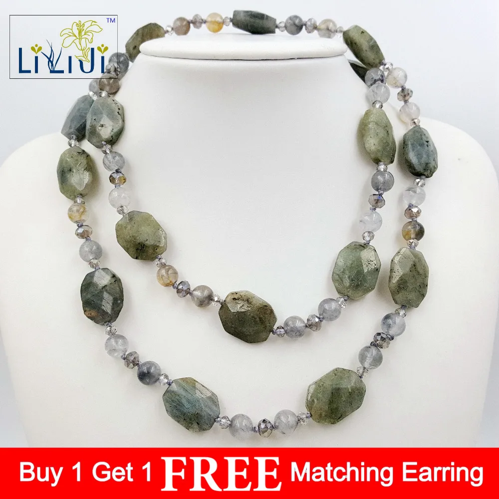 LiiJi Women's Long Fashion Necklace 91cm Grey Quartz round Beads Labradorite Facted & Grey Crystal