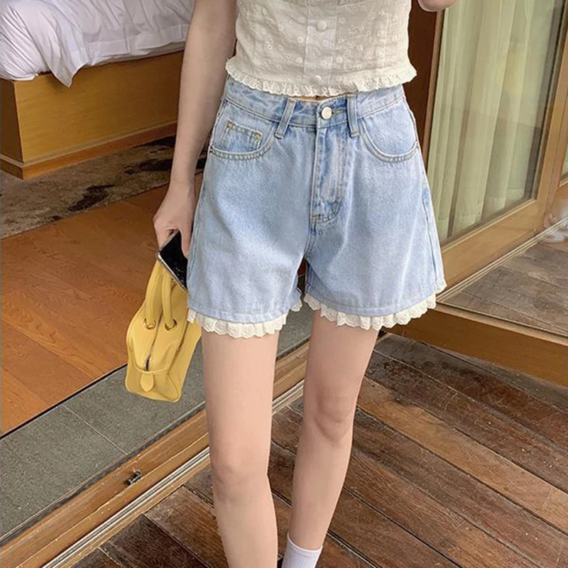 Women Sweet Shorts Lace Patchwork All-match Denim Daily Korean Style Kawaii Preppy Fashion Simple Cozy High Waist Chic Students