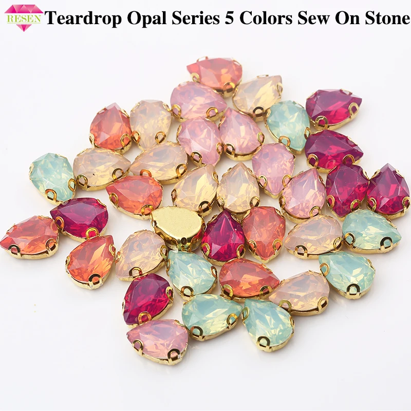 RESEN 20PCS Mix Colors Sew on Rhinestone Teardrop With Gold Claw Resin Pink/ Green/Peach/Fuchsia Opal Rhinestones for Clothing