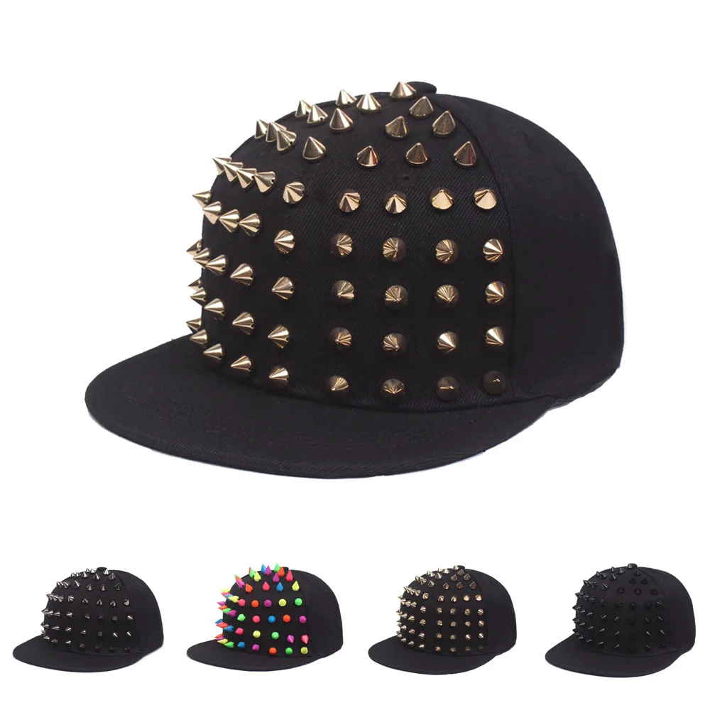 Idopy Men`s Studded Baseball Cap Cool Hip Hop Hedgehog Jazz Snapback Spike Street Style Punk Rivet Hat