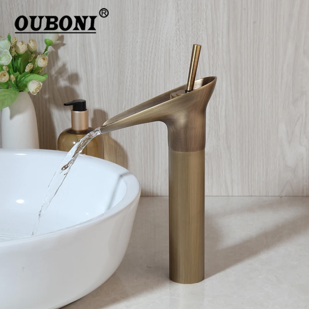 OUBONI Antique Brass Waterfall Bathroom Basin Sink Mixer Tap Faucet Nickel Golden Plated Black Hot & Cold Solid Brass Mixer Tap