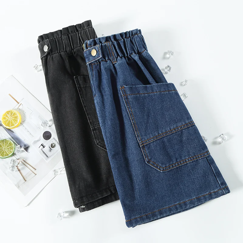 Jupe en jean élastique taille haute pour femme, jean fendu, coupe droite trapèze, avec poches à boutons, grande taille