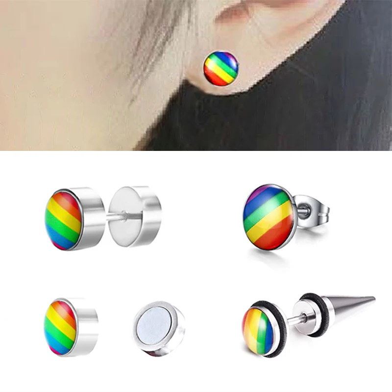 2pcs Rainbow Stud Earrings for Women Men Cartilage Fake Plug Tunnel Ear Piercing Tragus Helix Bar Stainless Steel Body Jewelry