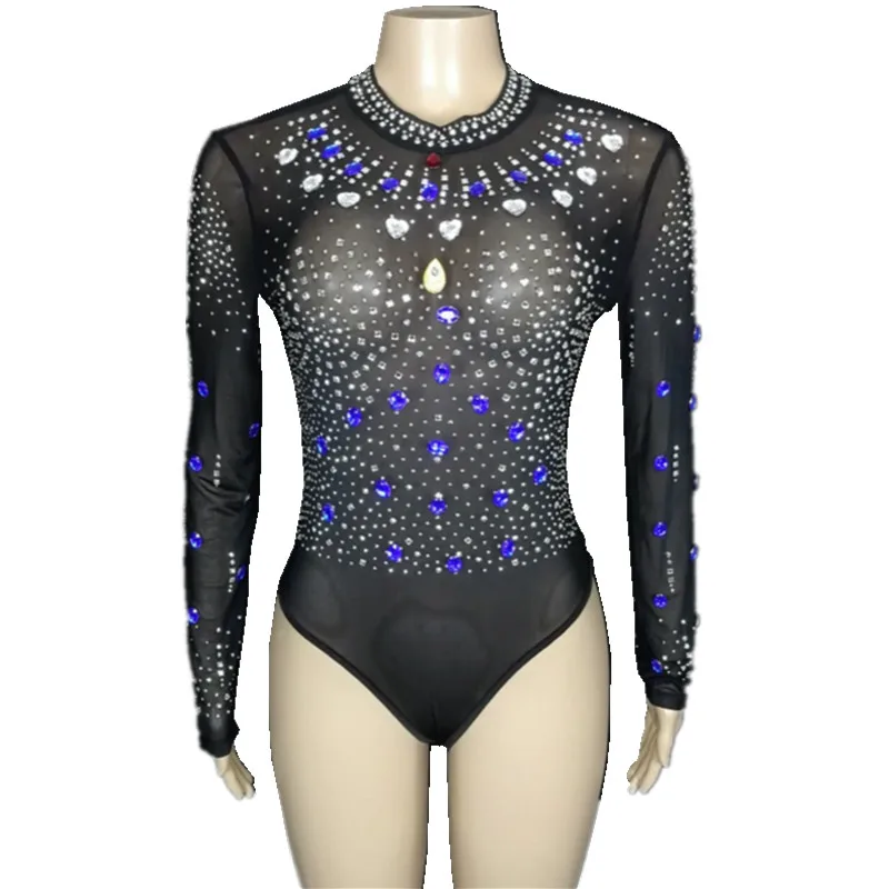 Sexy Transparent Black Mesh Rhinestones Bodysuit Women DJ Gogo Dancer Performance Stage Wear Club Nightclub Crystal Leotard