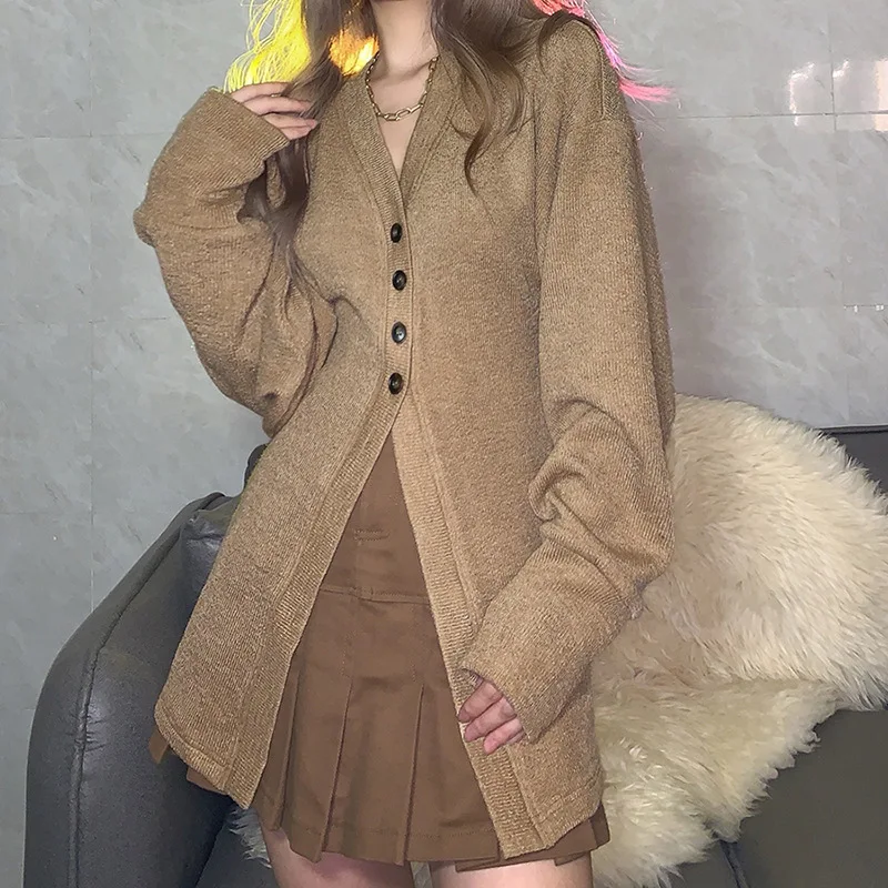 Europe The United States Wind 2021 Autumn And Winter Women’S New V-neck Pure Color Languid Wind Slim Body Cardigan