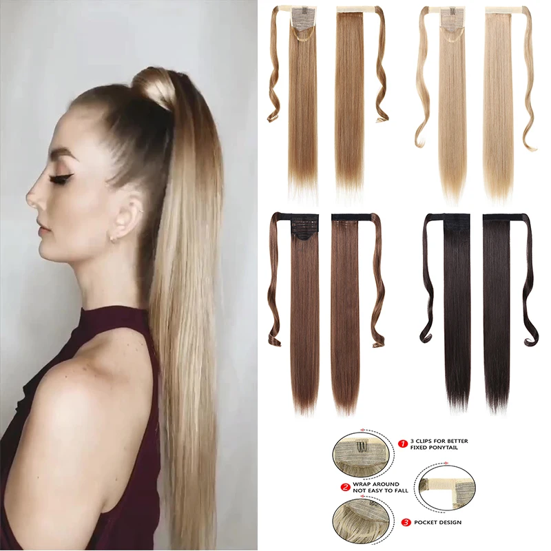 SHANGZI Long Straight Wrap Around Clip In Ponytail Hairpieces Hair Extension Heat Resistant Synthetic Fake Hair for women