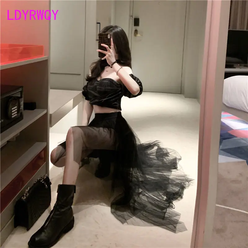 LDYRWQY Women\'s High Waist Bust Mesh Skirt Short Front and Long Back 2021 Korean New Office Lady Ball Gown Knee-Length