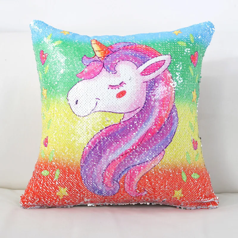 Double Color Flip Embroidered Sequins Pillow Case Cover, Sofa Cushion Cover, Cartoon Unicorn Pattern, Home Decoration