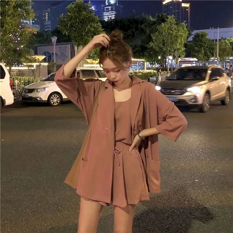 2024 Spring Summer New Women\'s Casual Outfit Korean Fashion Three Piece Sets Small Sling Suit Jacket High Waist Short Pants Suit