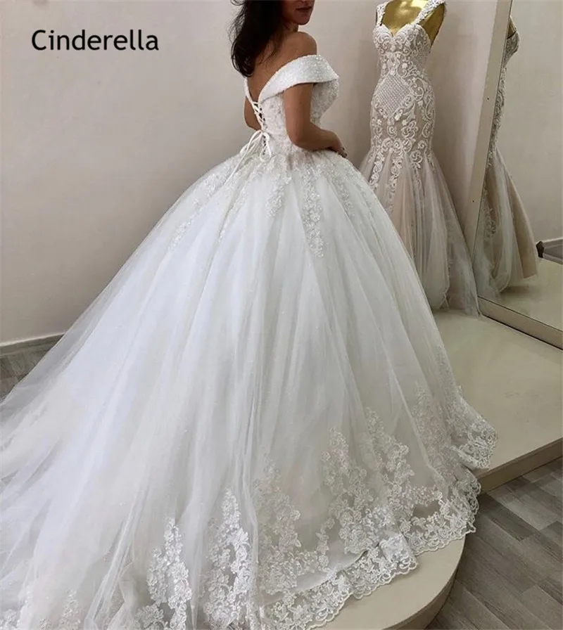 Cinderella Hand Working Crystal Beading Court Train Lace Applique Tulle Wedding Dresse With Lace Up Back vestido de noiva