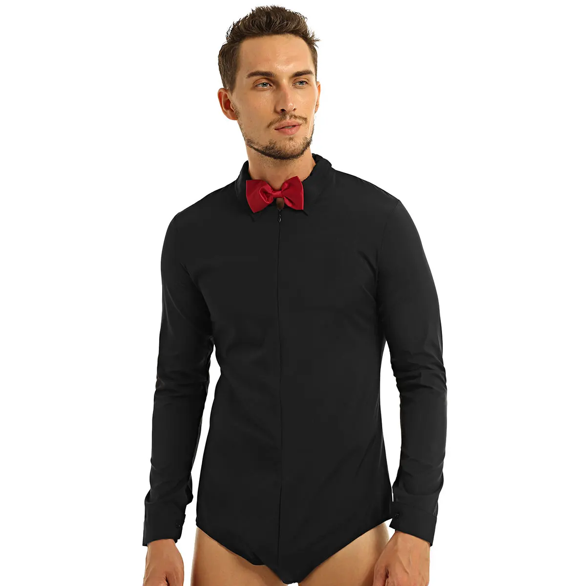 Mens Zipper Latin Dance Bodysuit Shirts with Bowtie Long Sleeves One Piece Romper Jumpsuit Leotard for Man Ballroom Dancewear