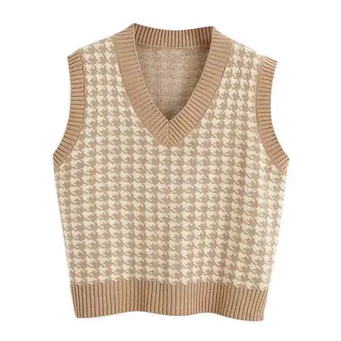 Sleeveless Geometric Houndstooth Sweater Vest Women V Neck Pullover Casual Knitted Fall Winter Sweet Jumper Korean Knitwear 2025