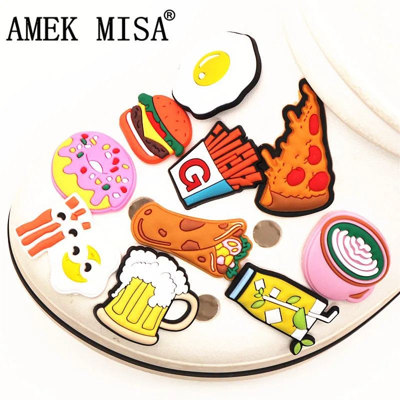 Novelty Food style Shoe Charms Accessories New Cute Beer/Pizza/Fries Shoe Buckle Decoration for Kids Party X-mas Gifts