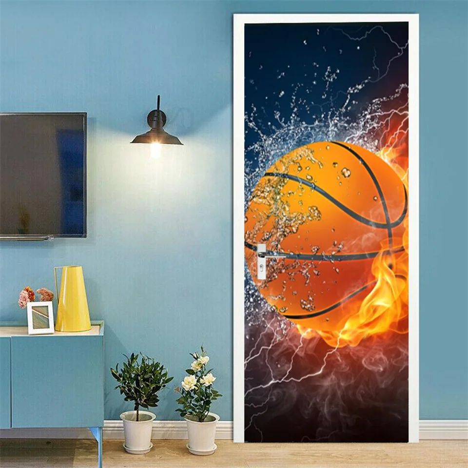 Football Basketball 3D Wallpaper Door Sticker Bedroom Decoration Self-Adhesive Poster Wall Decal Removable Murals Deurstickers