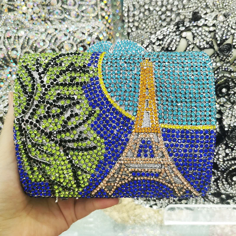 

Black/Green/Blue Tower Women Crystal Clutch Purse WHTUOHENG Diamond Lady Girls Rhinestone Wedding Purse Multicolored Handbags