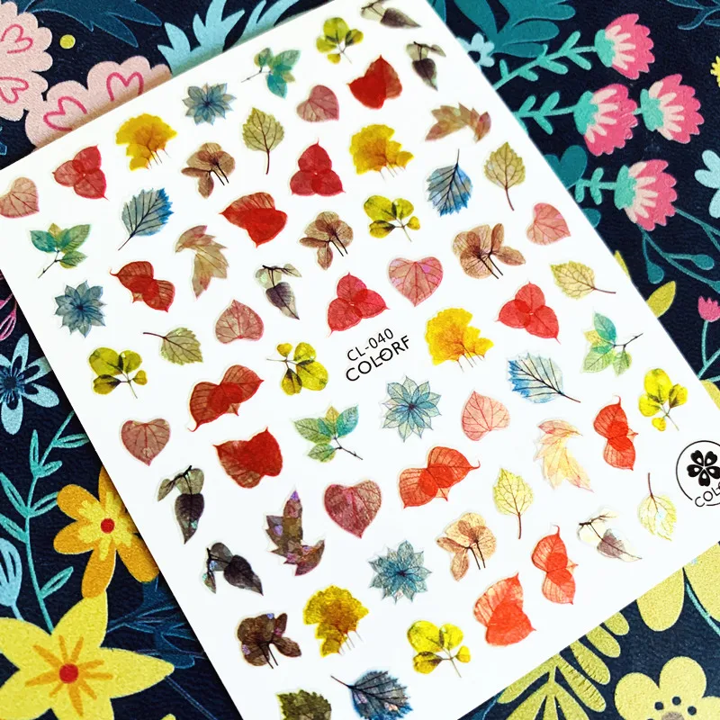 Newest CL sereis CL-040 Laser color leaves 3d nail art sticker nail decal stamping export japan