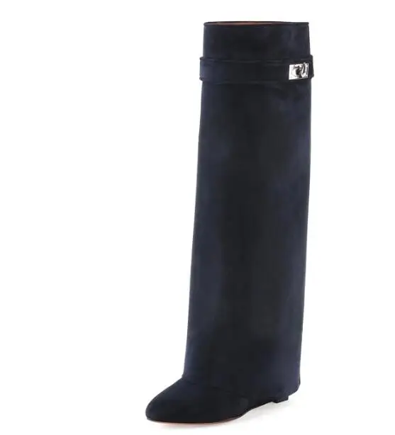 Camel Suede Shark Lock Boots Pointed Toe Fold Over Women Wedge Boots Height Increasing Over The Kee Boots Plus Size 10