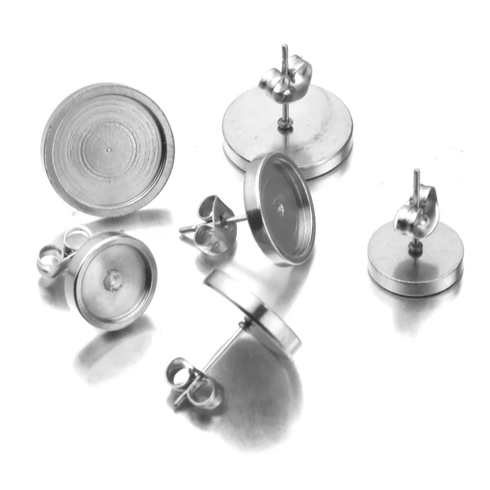 20szt 6 8 10 12mm Płaski kolczyk ze stali nierdzewnej Ustawienie pustej podstawy kolczyka Żywica Cabochon Taca Diy Biżuteria Hurtownia — zdjęcie 3