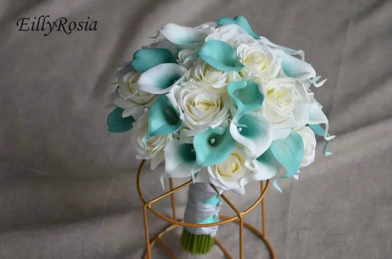 EillyRosia-ramo de novia blanco y azul, Cala, lirio de marfil, rosas artificiales, bohemio, playa, boda, dama de honor, con flores