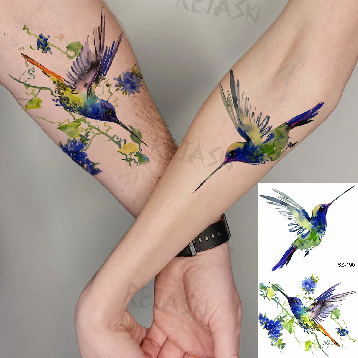 Black Feather Temporary Tattoos For Women Men Hummingbird Bouquet Realistic Fake Tattoo Sticker Waterproof Body Art Tatoos Decal