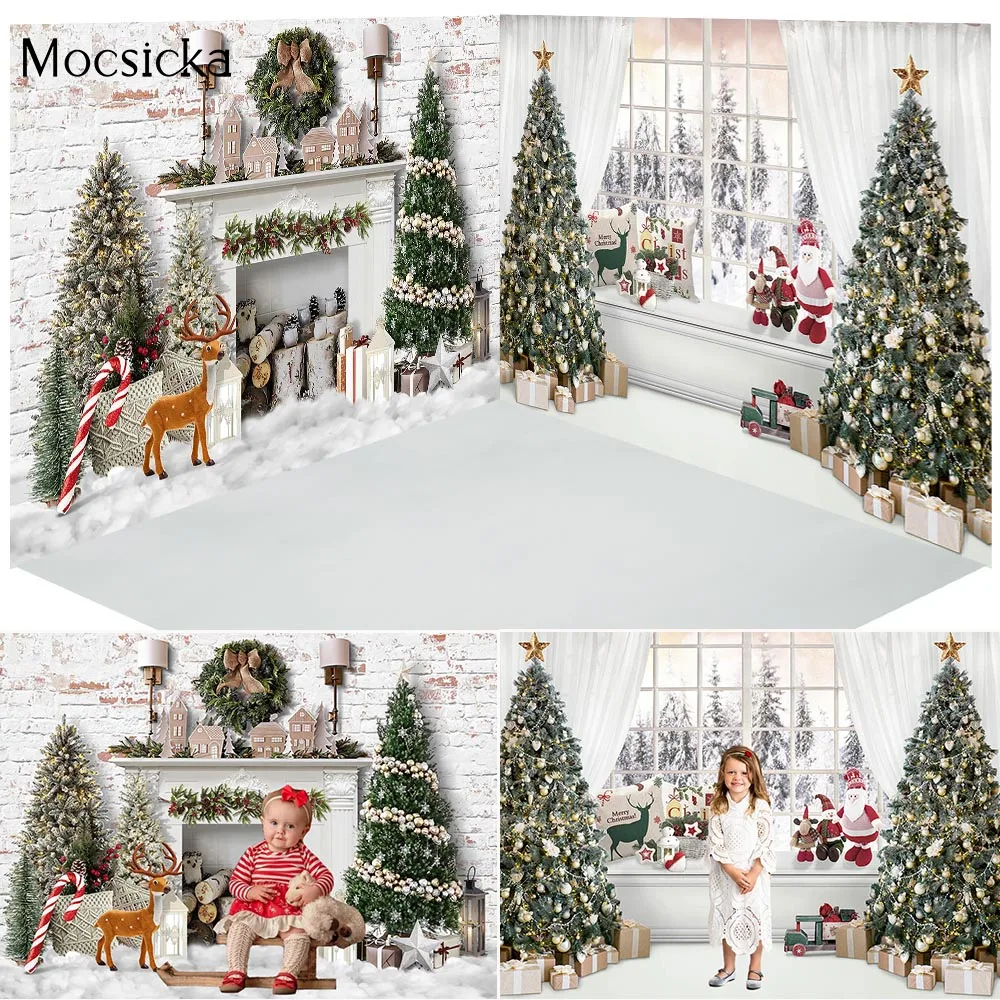 

White Christmas Room Portrait Backdrop Photo Studio Window Fireplace Winter Xmas Trees Background Newborn Birthday Photography