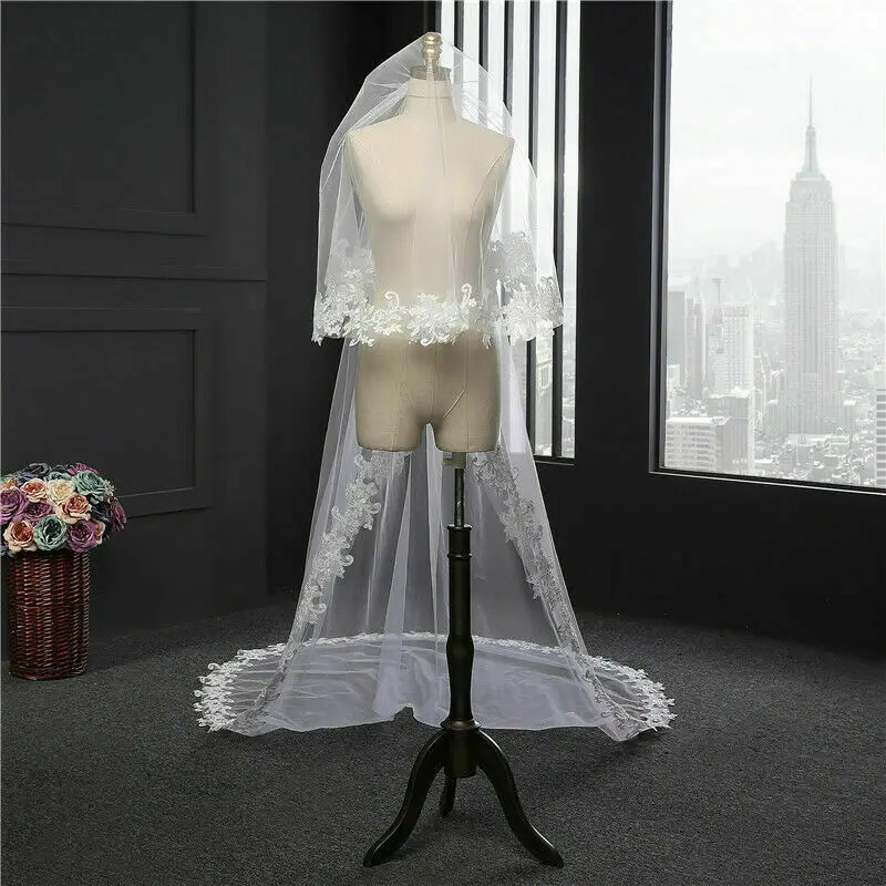 White Ivory Wedding Veil 3m Long Comb Lace Mantilla 2 Layer Cathedral Bridal Veils Wedding Accessories Veu De Noiva