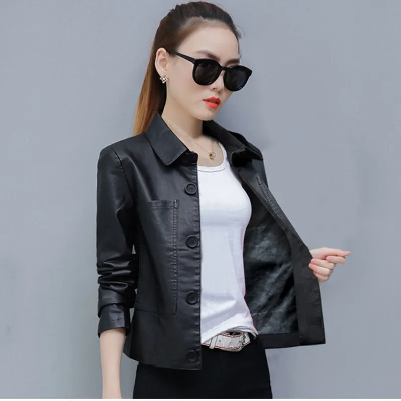 UHYTGF Leather Jacket Women\'s Fashion PU Washed Leather Casual Short Autumn Leather Coat Female Slim Wild Big Size Jacket 1339