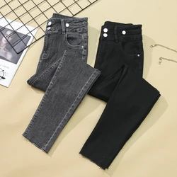 Plus Size Spring Autumn High Waist Jeans Women Black Grey Slim Stretch Pencil Pants Plus Size Buttons Denim Trousers Streetwear