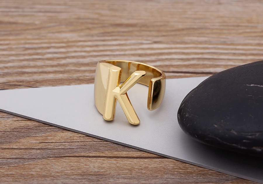 Trendy Hollow A-Z Letter Gold Color Adjustable Opening Ring Initials Name Alphabet Female Chunky Wide Party Wedding Jewelry