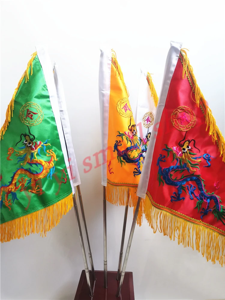 Taoist Lingqi with Base, Double-sided Embroidery, Five Dragon Flag, Five Element Flag, Buddhist Dharma altar, 1 Set