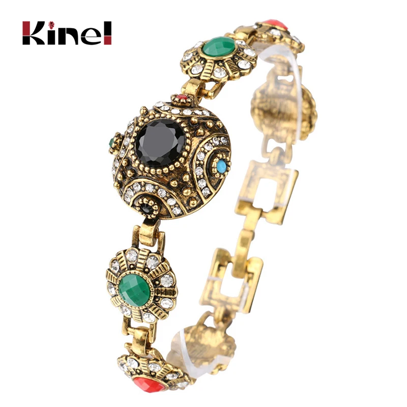 2021 Fashion Boho Bangles For Women Ancient Gold Color Unique Black Resin Bracelet Vintage Jewelry Crystal Gifts