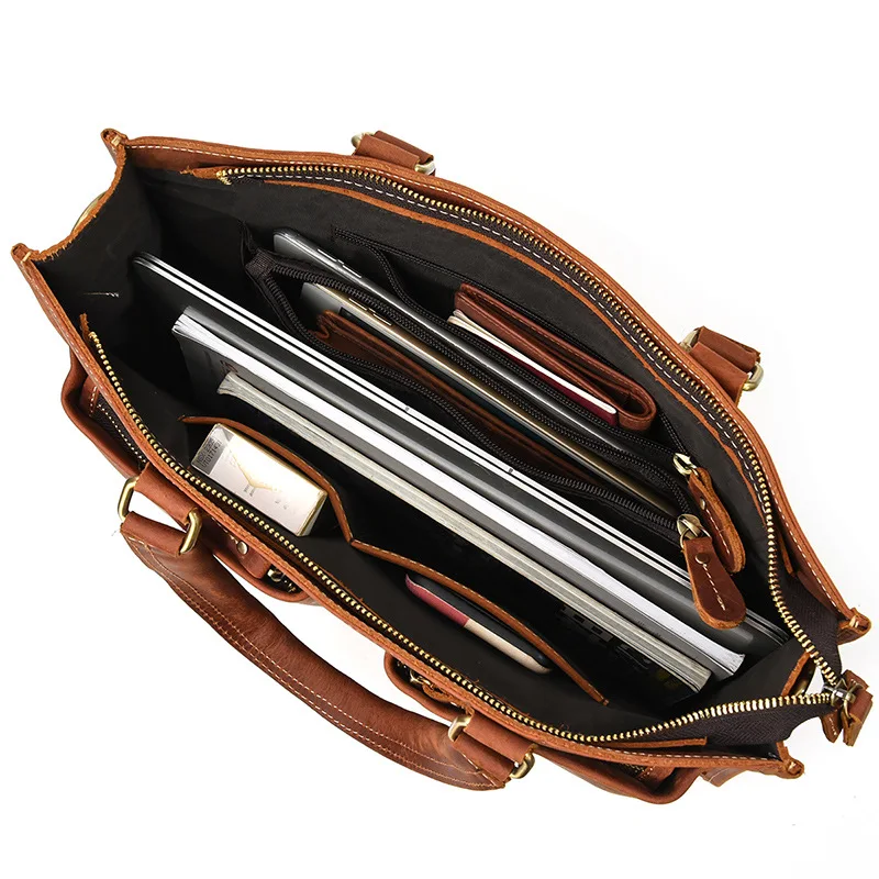 Newsbirds Mens Leather Handbag 15.6 Inch PC Notebook Laptop Briefcase Shoulder Bag 100% Cowhide Man Bag Male Business Bag