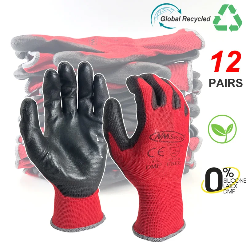 24Pieces/12 Pairs Excellent Wear Resistance With Knitted Red Nylon Dipped PU Safety Work Glove Gardening Protective Gloves